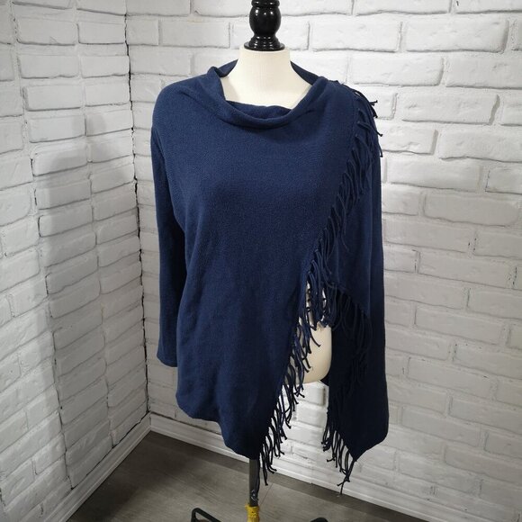 Chico's Ladies Size 1 = (Small) Navy Wrap Sweater with Fringe - Picture 1 of 10